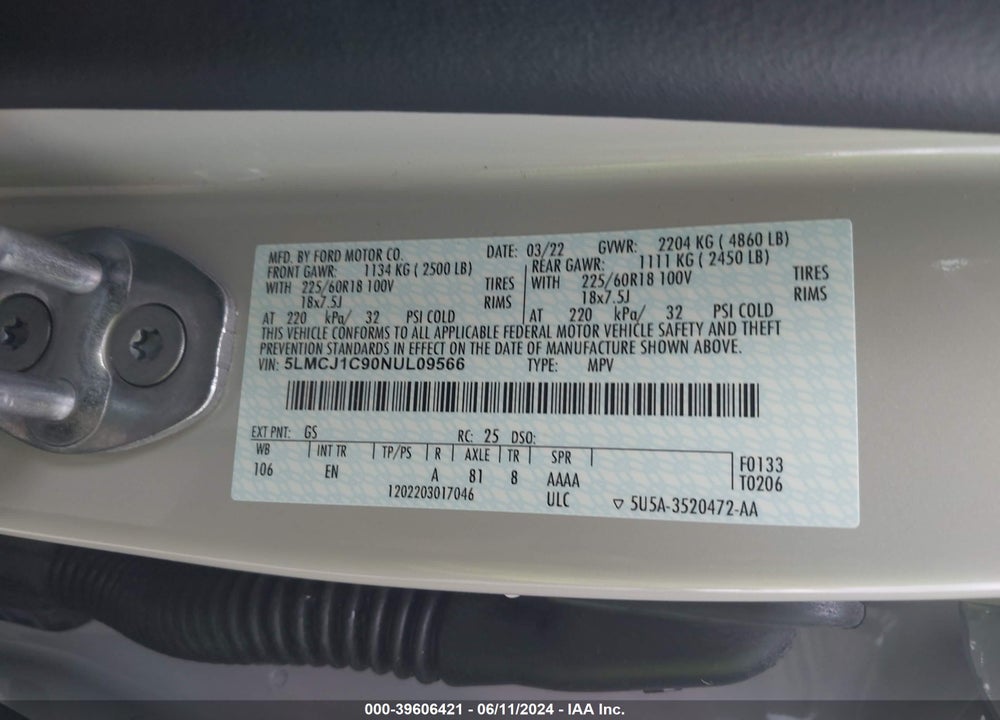 2022 LINCOLN CORSAIR STANDARD VIN: 5LMCJ1C90NUL09566