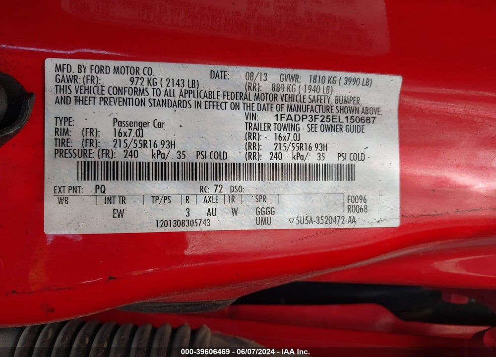 2014 FORD FOCUS SE VIN: 1FADP3F25EL150687
