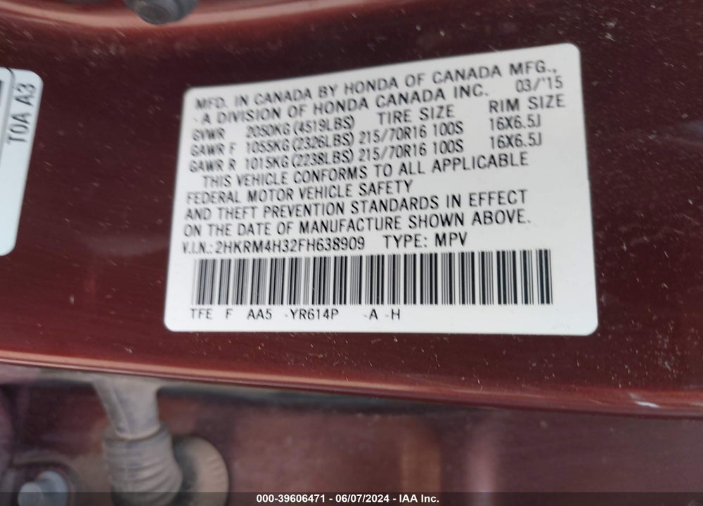 2015 HONDA CR-V LX VIN: 2HKRM4H32FH638909