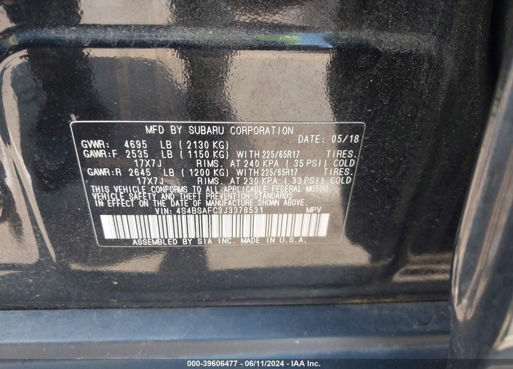 2018 SUBARU OUTBACK 2.5I PREMIUM VIN: 4S4BSAFC3J3378531