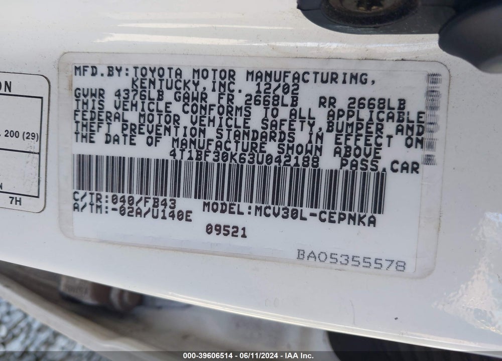 2003 TOYOTA CAMRY LE V6 VIN: 4T1BF30K63U042188