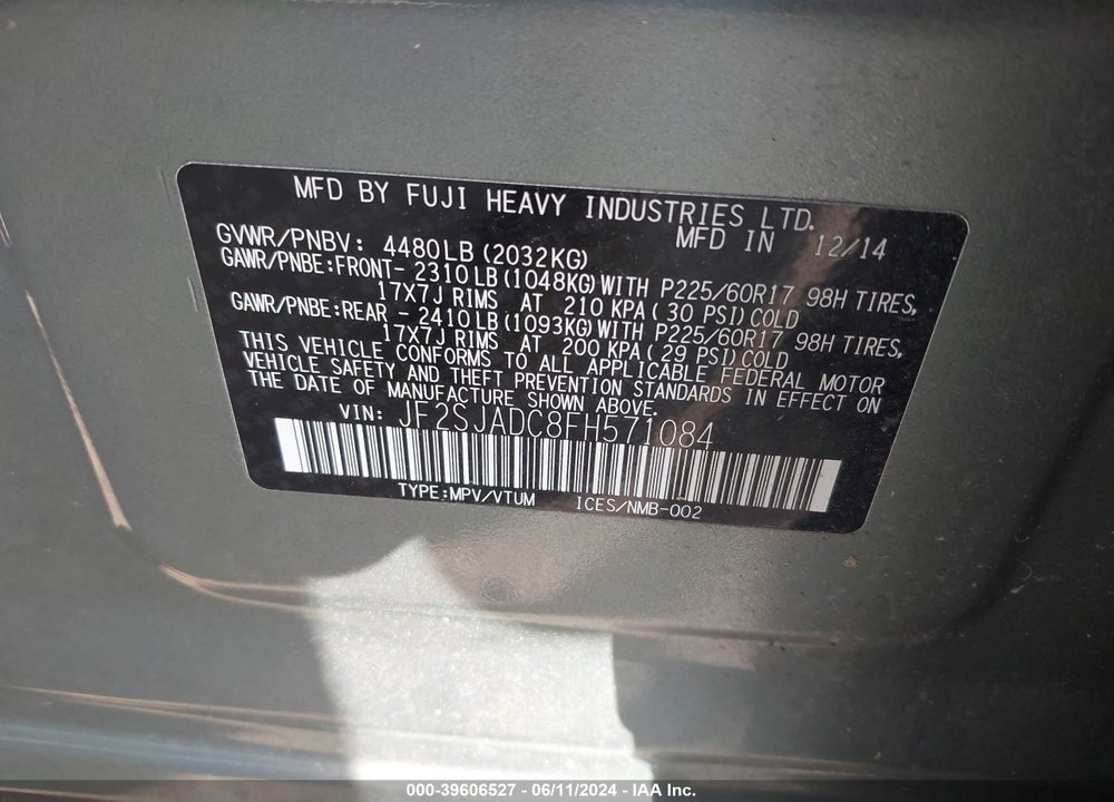 2015 SUBARU FORESTER 2.5I PREMIUM VIN: JF2SJADC8FH571084