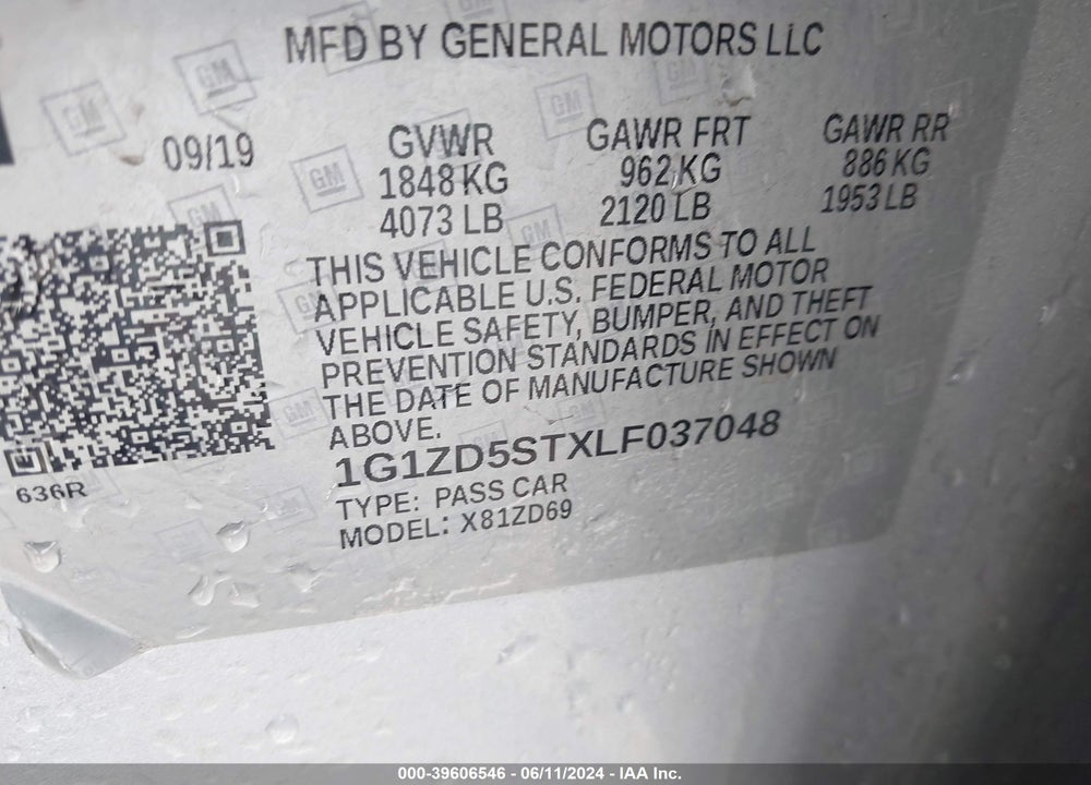 2020 CHEVROLET MALIBU FWD LT VIN: 1G1ZD5STXLF037048