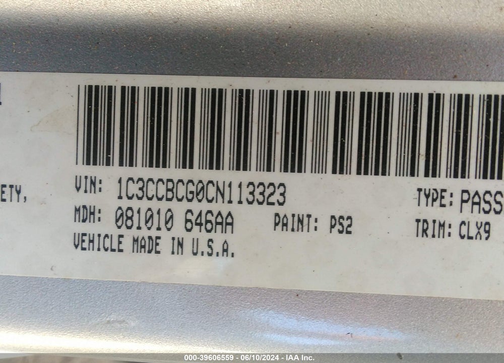 2012 CHRYSLER 200 VIN: 1C3CCBCG0CN113323
