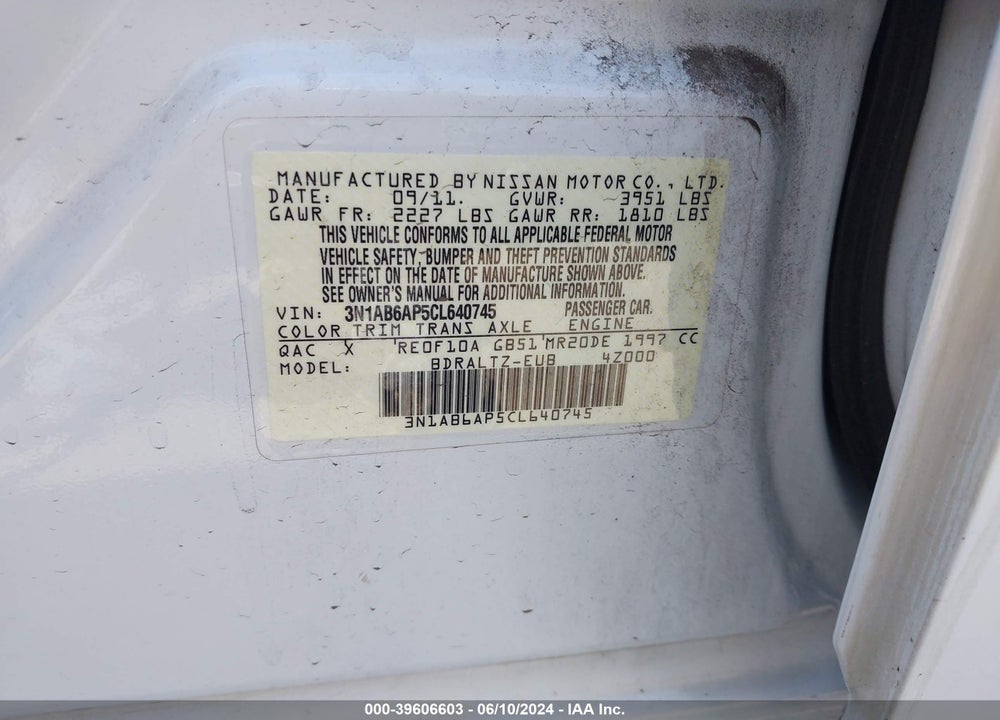 2012 NISSAN SENTRA 2.0 S VIN: 3N1AB6AP5CL640745