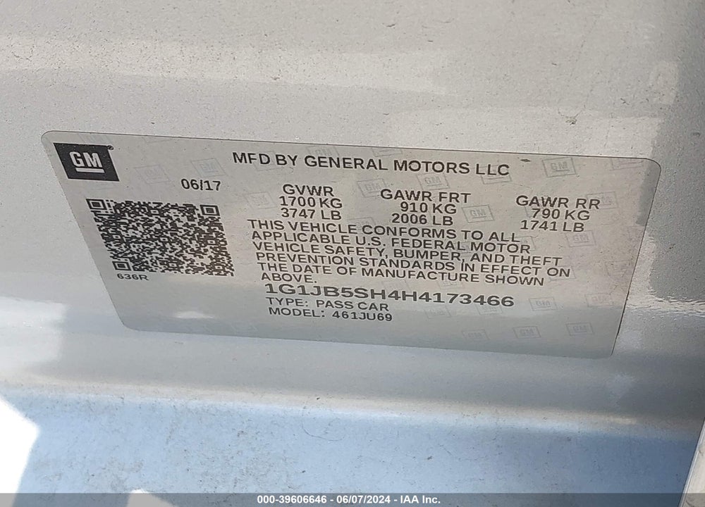 2017 CHEVROLET SONIC LS AUTO VIN: 1G1JB5SH4H4173466