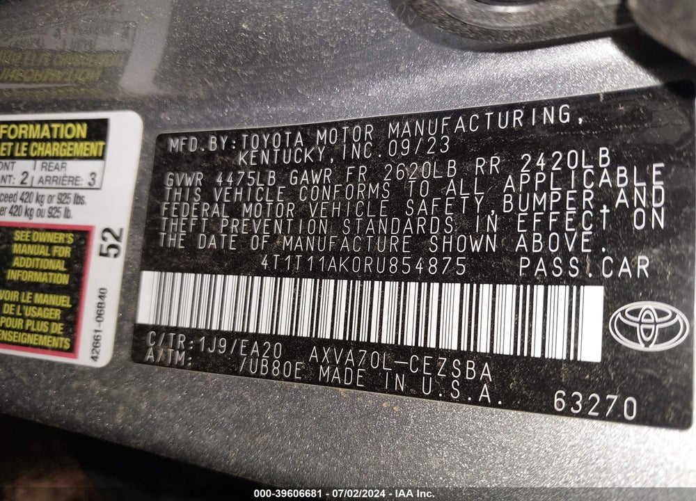 2024 TOYOTA CAMRY SE VIN: 4T1T11AK0RU854875
