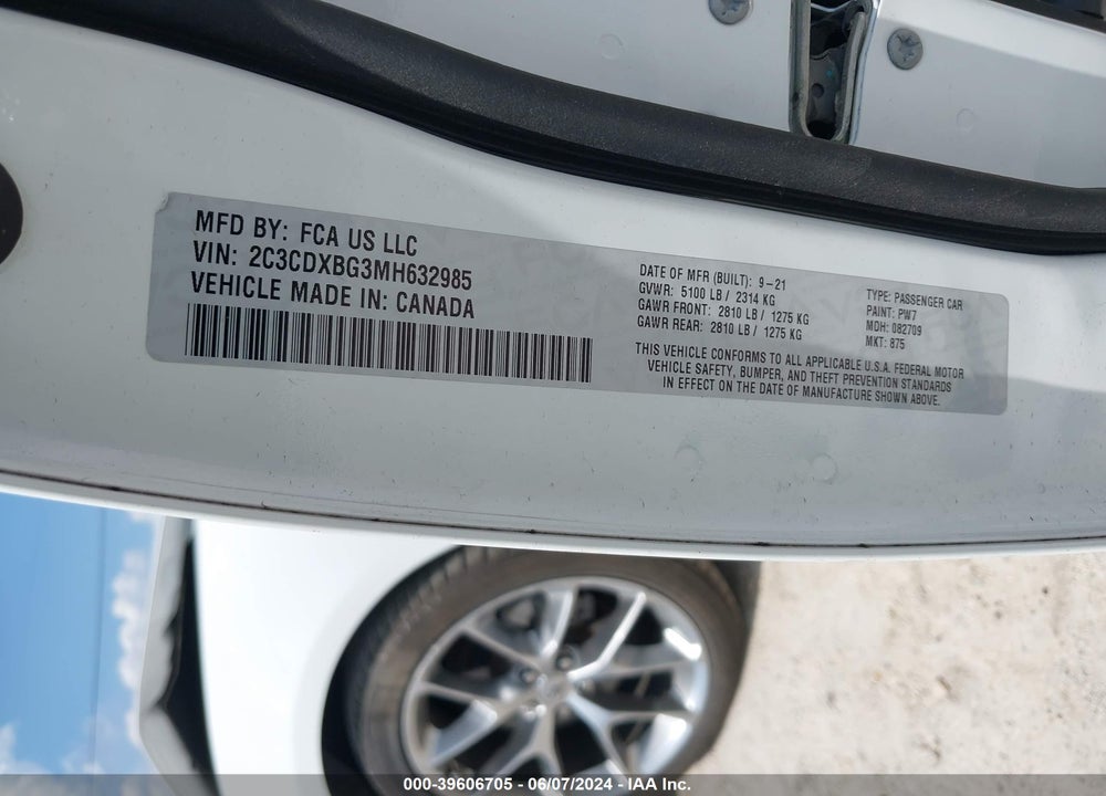 2021 DODGE CHARGER SXT RWD VIN: 2C3CDXBG3MH632985