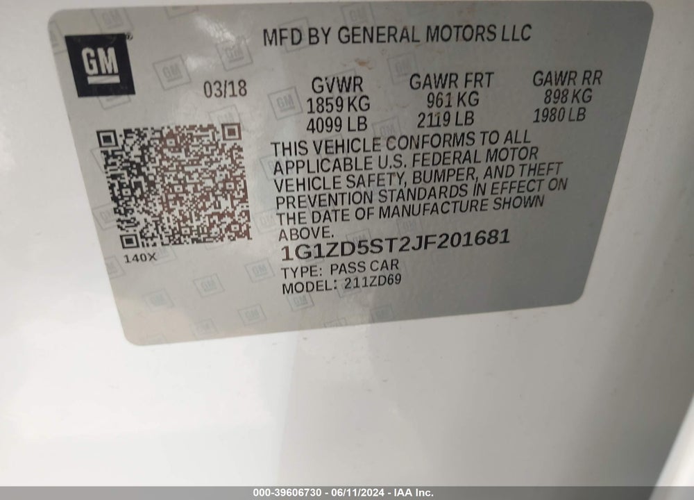 2018 CHEVROLET MALIBU LT VIN: 1G1ZD5ST2JF201681