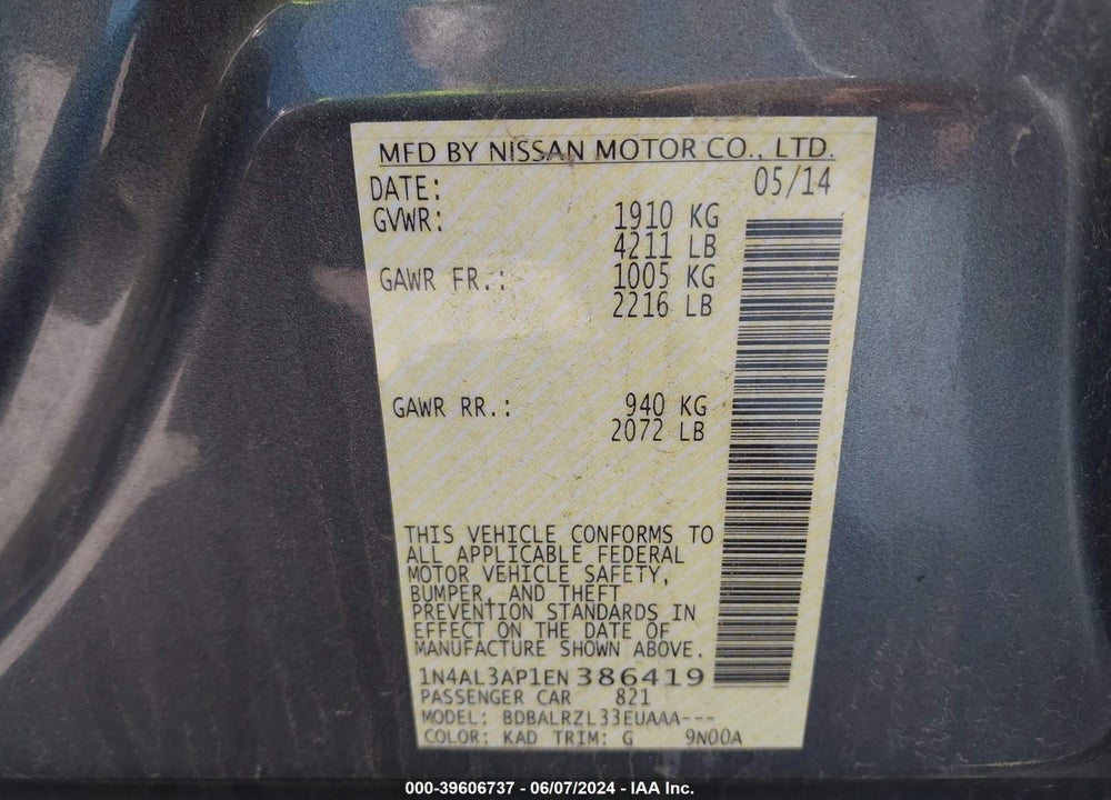 2014 NISSAN ALTIMA 2.5 S VIN: 1N4AL3AP1EN386419