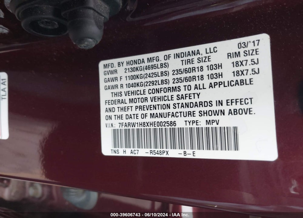 2017 HONDA CR-V EX-L/EX-L NAVI VIN: 7FARW1H8XHE002586