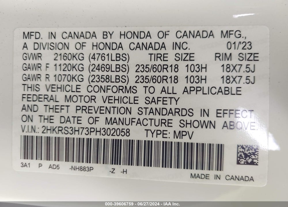 2023 HONDA CR-V EX-L 2WD VIN: 2HKRS3H73PH302058