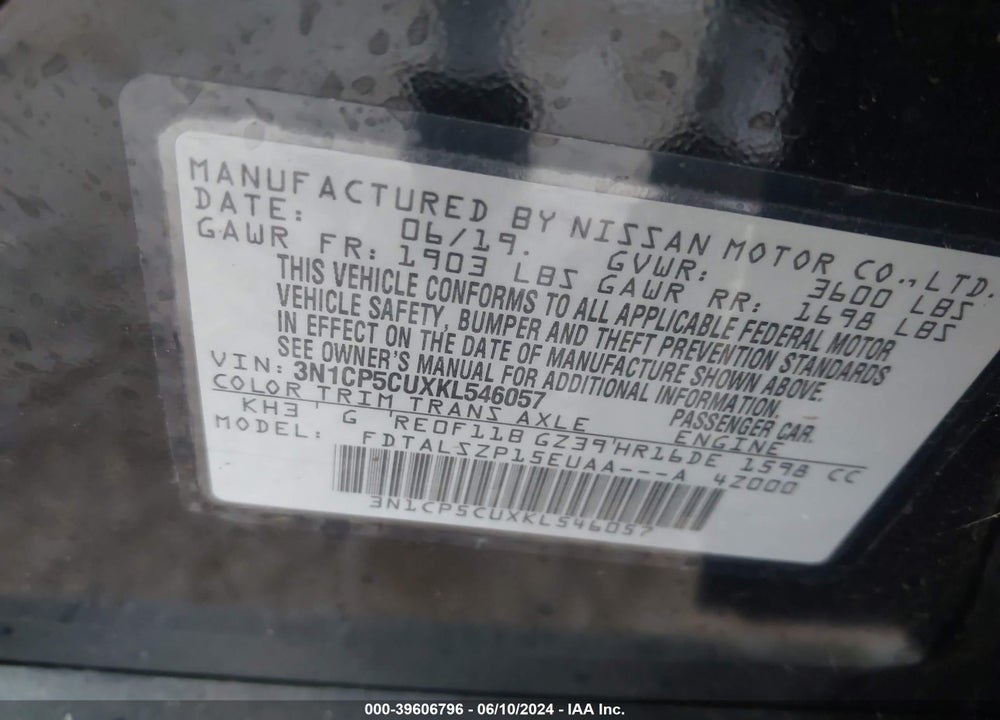 2019 NISSAN KICKS SV VIN: 3N1CP5CUXKL546057