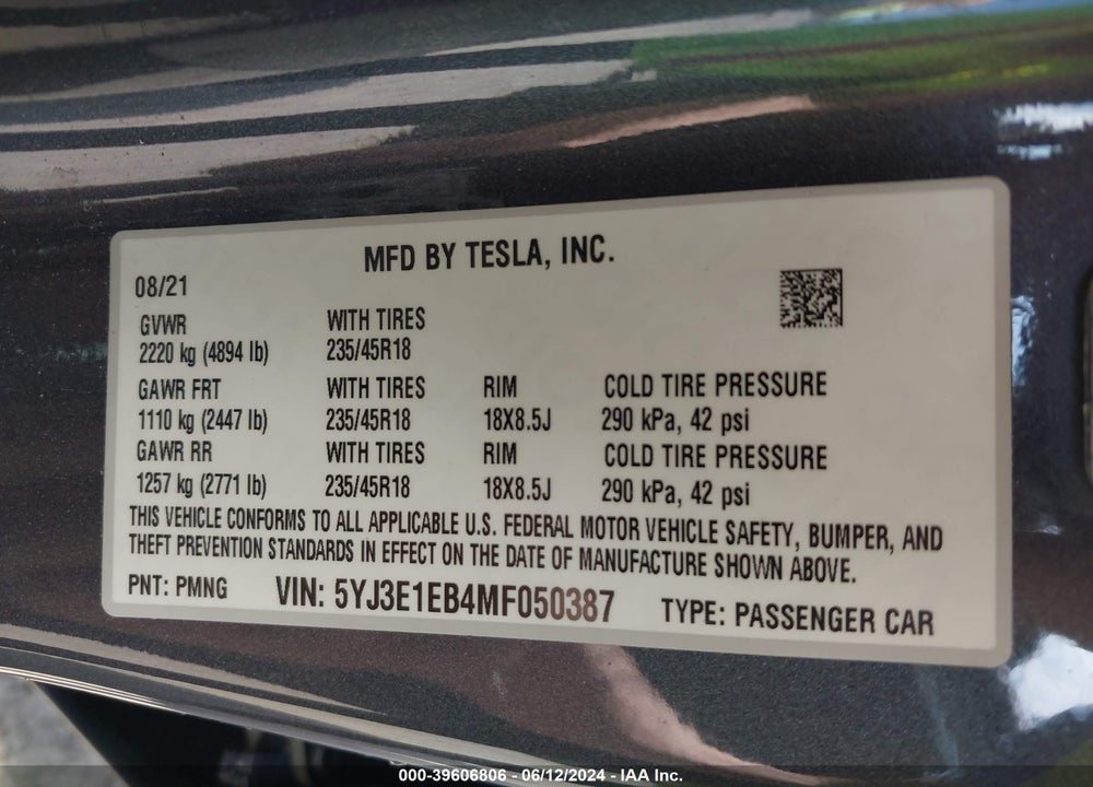 2021 TESLA MODEL 3 LONG RANGE DUAL MOTOR ALL-WHEEL DRIVE VIN: 5YJ3E1EB4MF050387