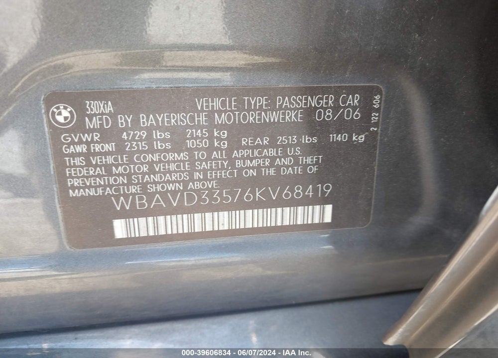 2006 BMW 330XI VIN: WBAVD33576KV68419