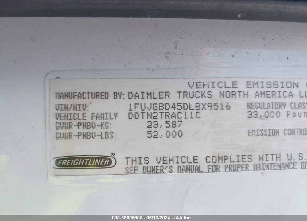 2013 FREIGHTLINER CASCADIA 113 VIN: 1FUJGBD45DLBX9516