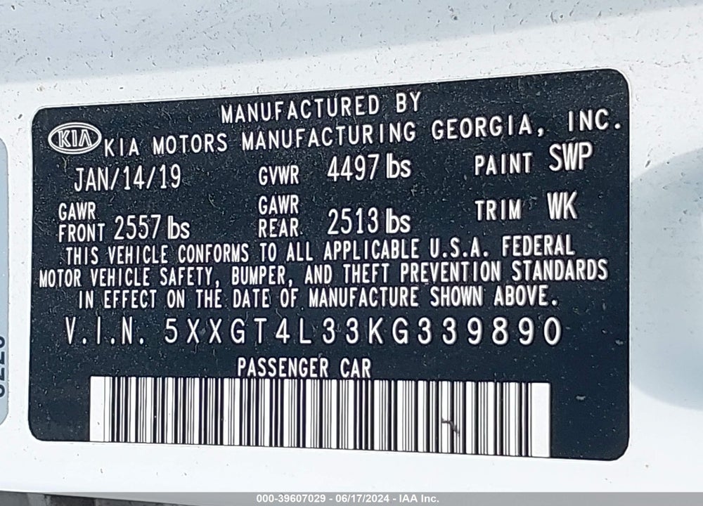 2019 KIA OPTIMA LX VIN: 5XXGT4L33KG339890