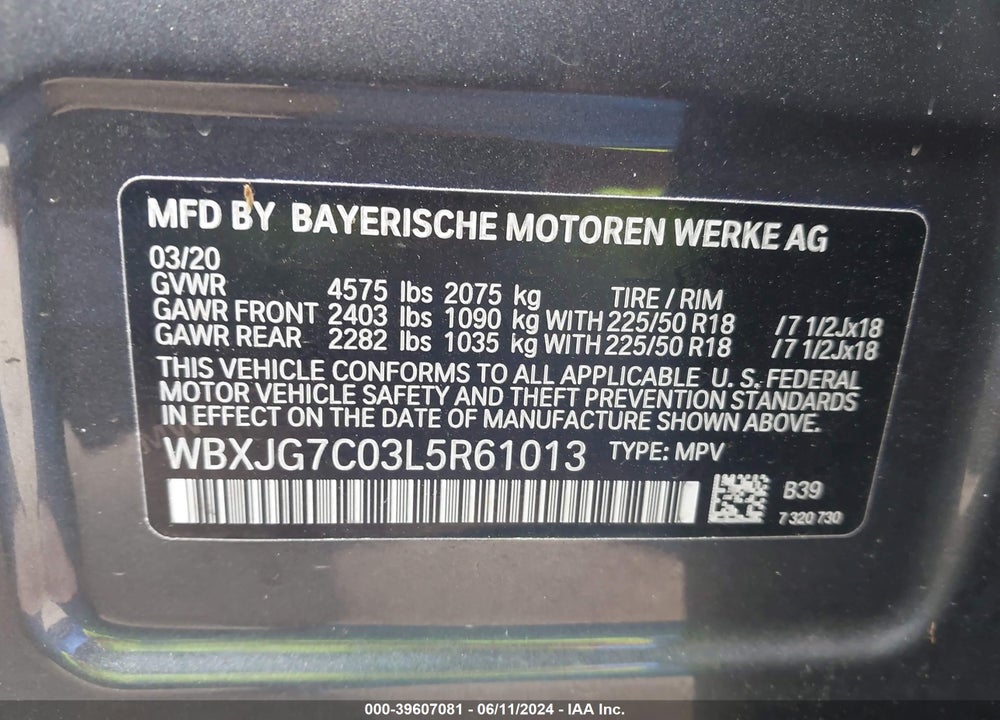 2020 BMW X1 SDRIVE28I VIN: WBXJG7C03L5R61013