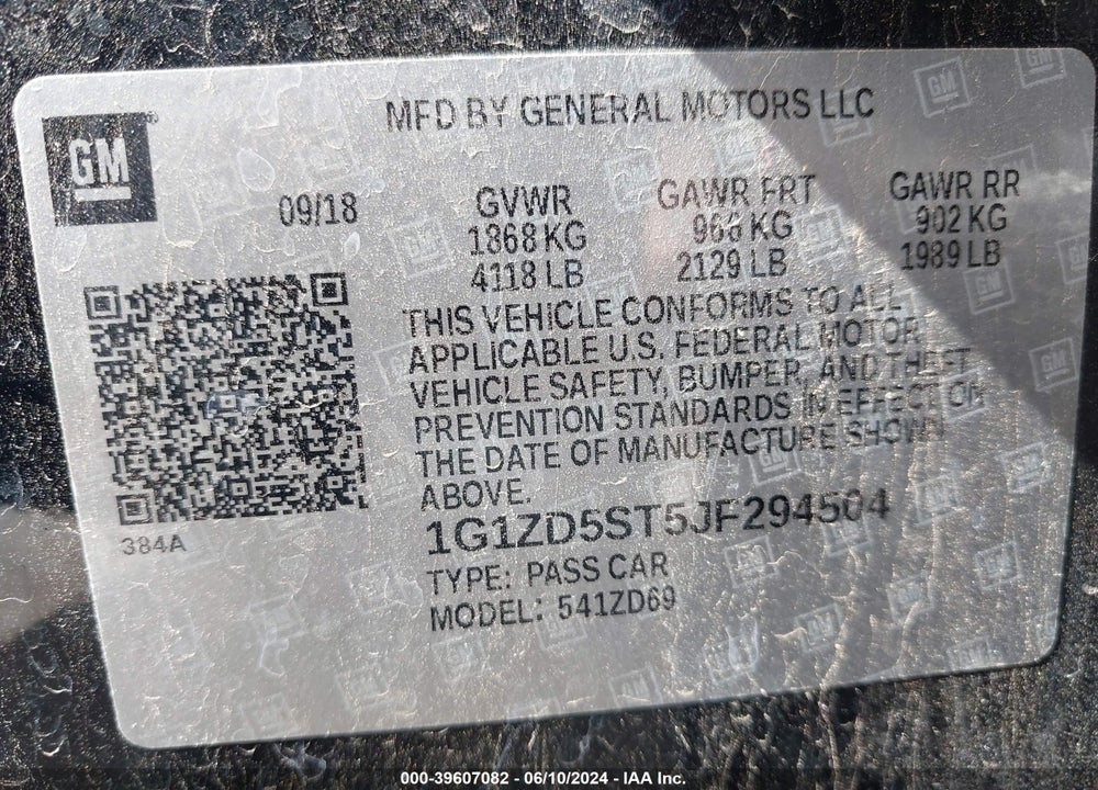 2018 CHEVROLET MALIBU LT VIN: 1G1ZD5ST5JF294504