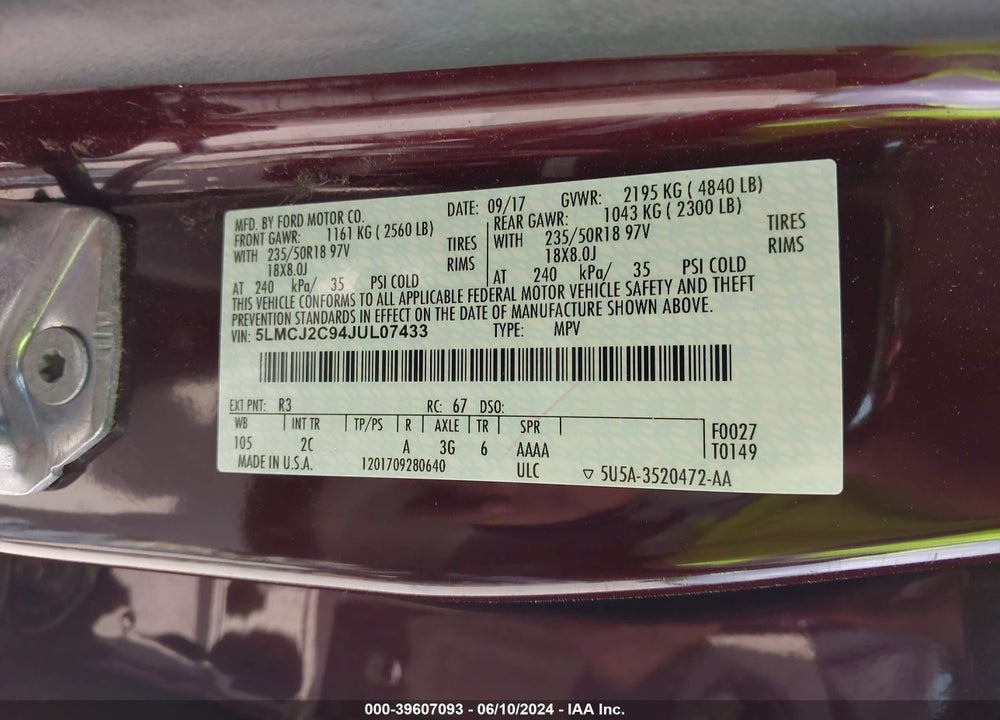 2018 LINCOLN MKC SELECT VIN: 5LMCJ2C94JUL07433