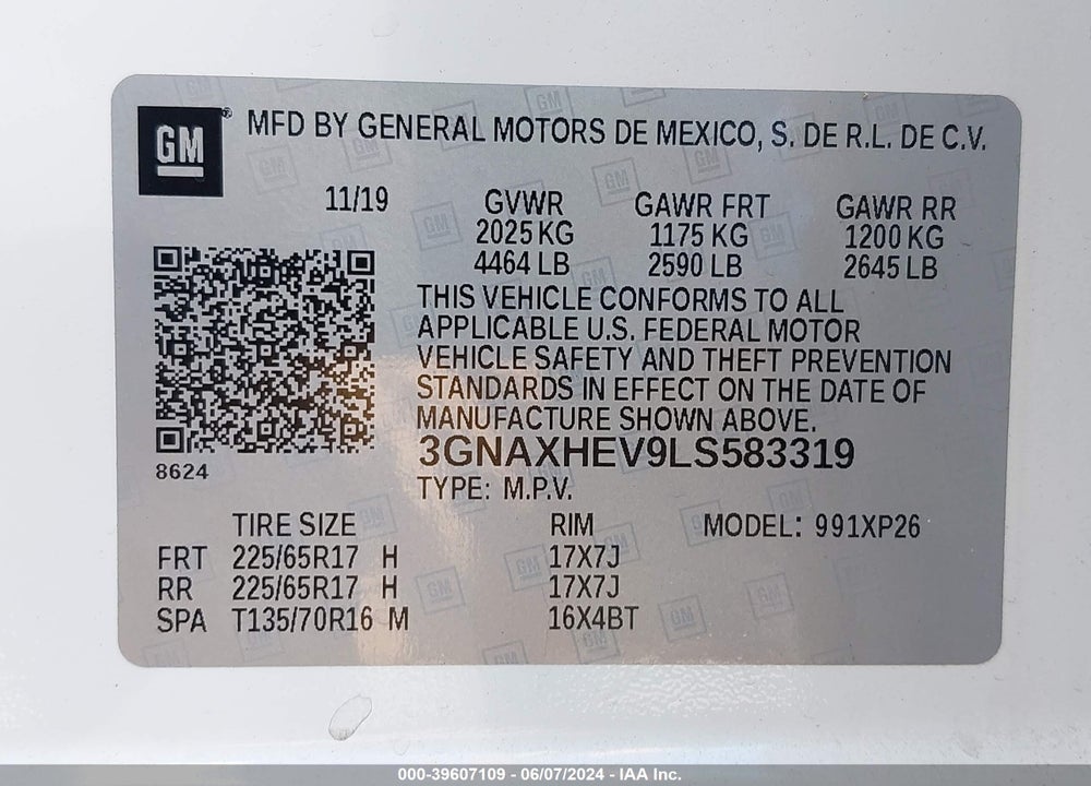 2020 CHEVROLET EQUINOX FWD LS VIN: 3GNAXHEV9LS583319