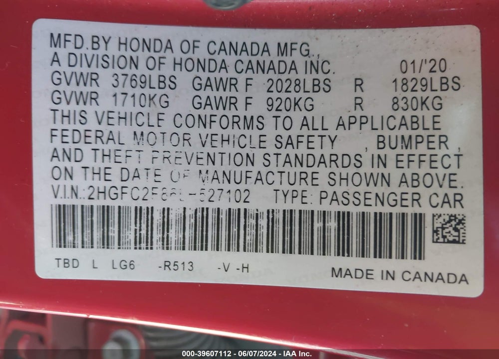 2020 HONDA CIVIC SPORT VIN: 2HGFC2F86LH527102
