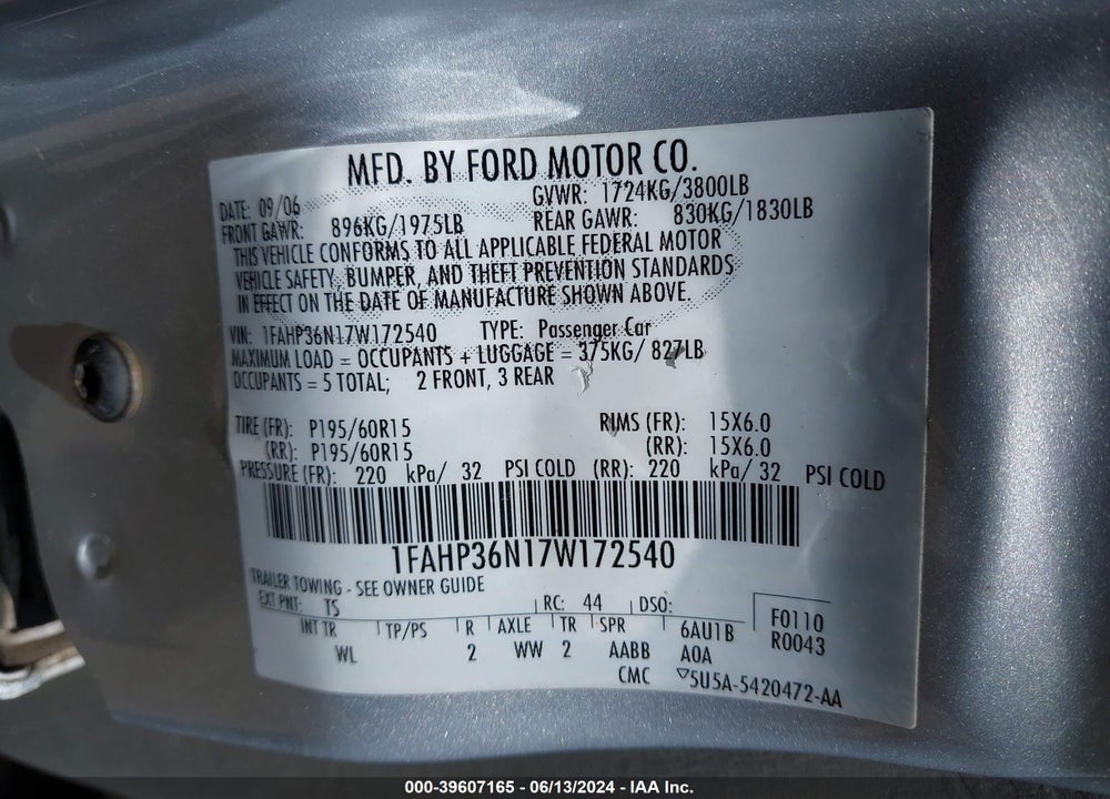 2007 FORD FOCUS SE/SES VIN: 1FAHP36N17W172540