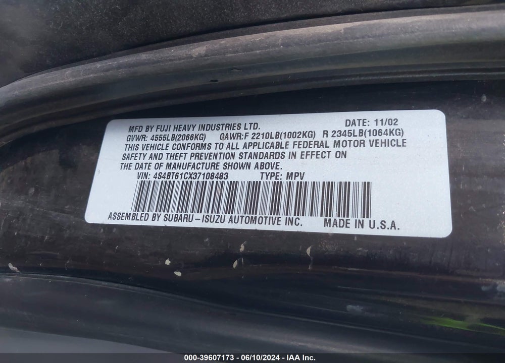 2003 SUBARU BAJA VIN: 4S4BT61CX37108483