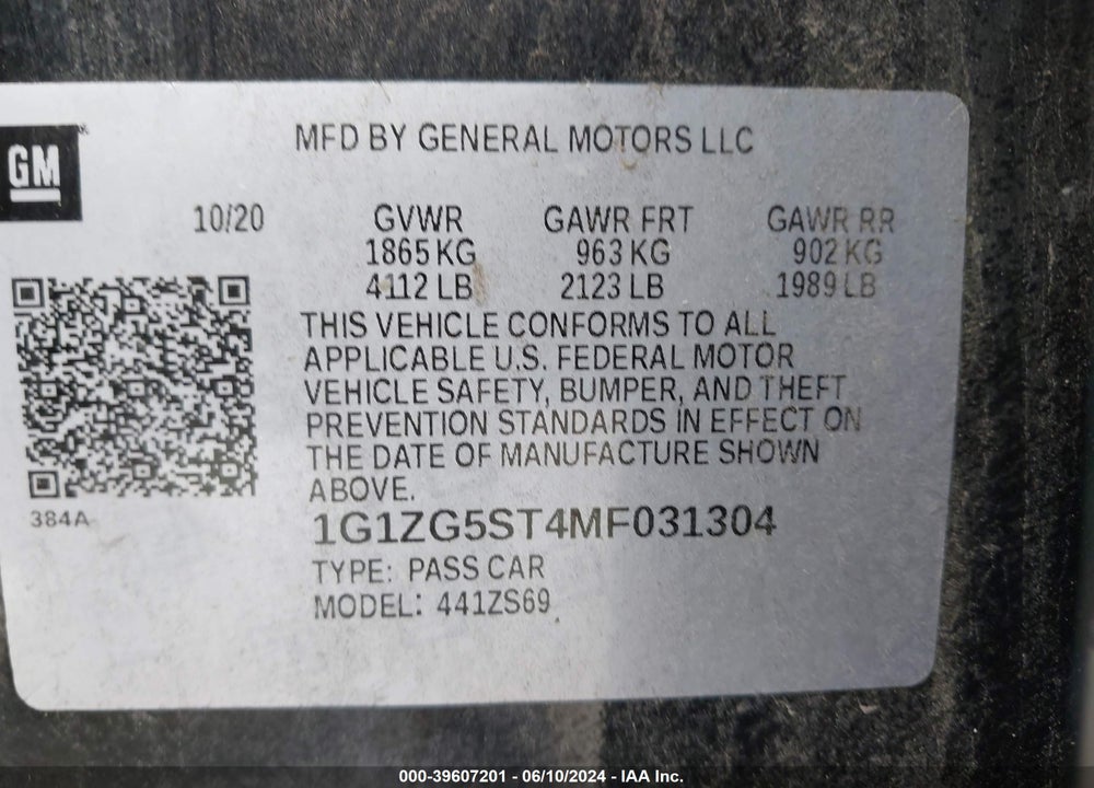 2021 CHEVROLET MALIBU FWD RS VIN: 1G1ZG5ST4MF031304