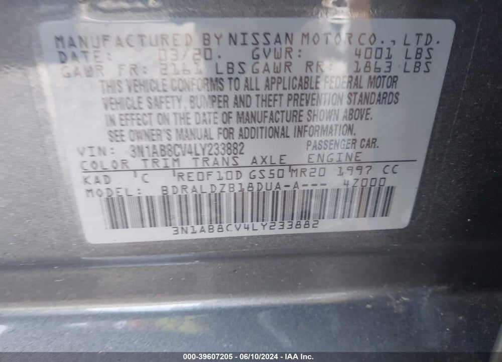 2020 NISSAN SENTRA SV XTRONIC CVT VIN: 3N1AB8CV4LY233882