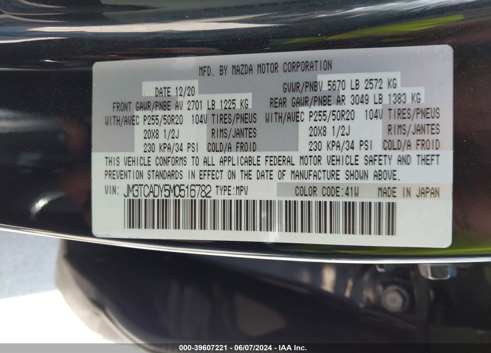 2021 MAZDA CX-9 GRAND TOURING VIN: JM3TCADY5M0516782