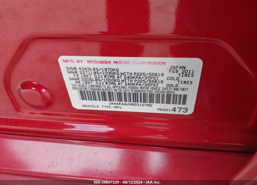2011 MITSUBISHI OUTLANDER SPORT SE VIN: JA4AR4AUXBZ012782
