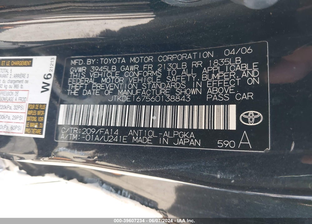 2006 SCION TC VIN: JTKDE167560138843