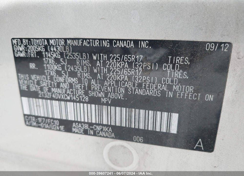 2012 TOYOTA RAV4 VIN: 2T3ZF4DVXCW145128