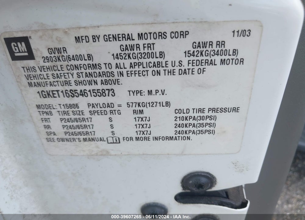 2004 GMC ENVOY XL SLE VIN: 1GKET16S546155873