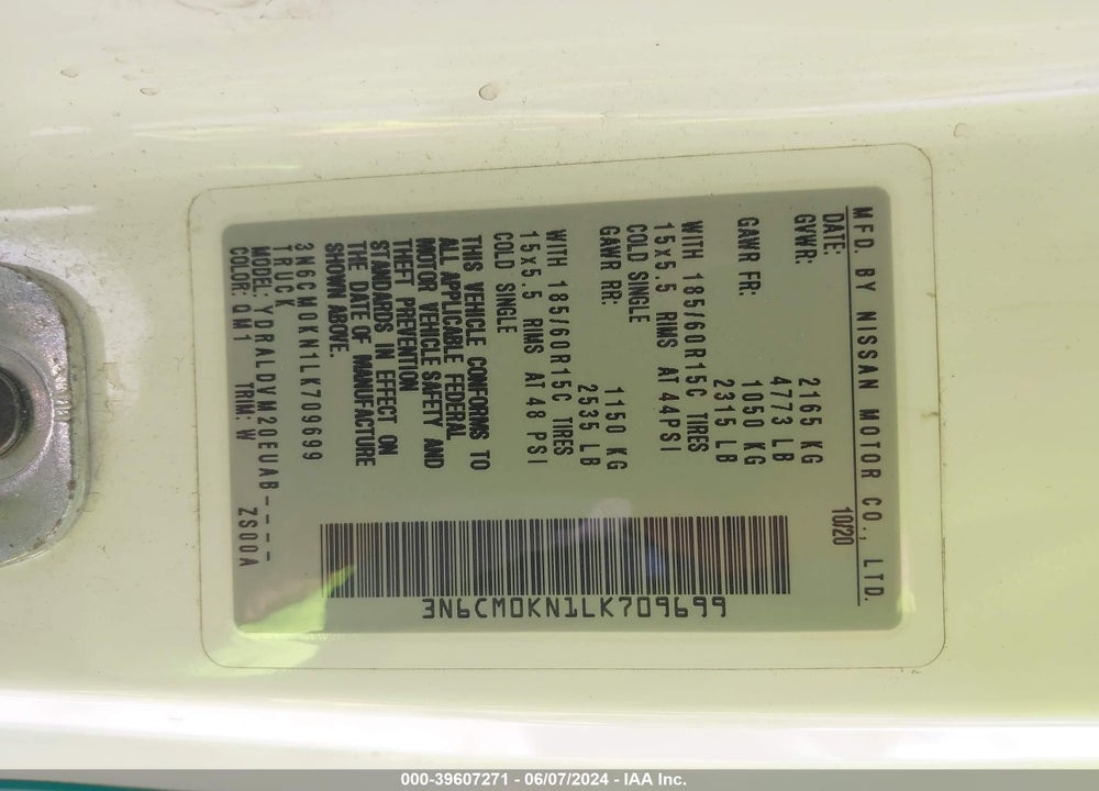 2020 NISSAN NV200 COMPACT CARGO S XTRONIC CVT VIN: 3N6CM0KN1LK709699