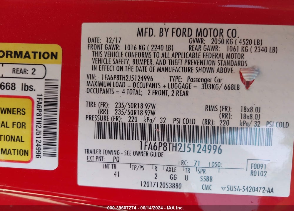 2018 FORD MUSTANG ECOBOOST VIN: 1FA6P8TH2J5124996