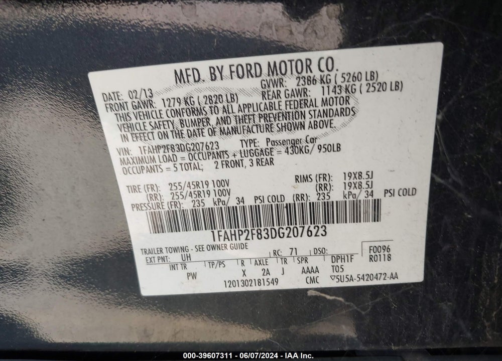 2013 FORD TAURUS LIMITED VIN: 1FAHP2F83DG207623