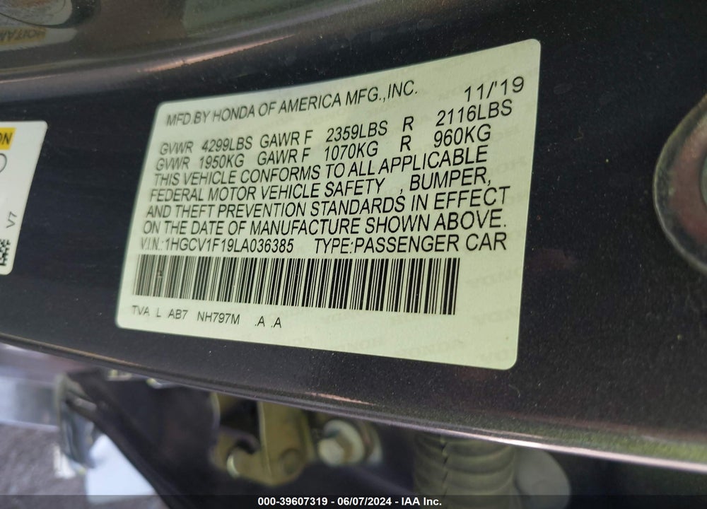 2020 HONDA ACCORD LX VIN: 1HGCV1F19LA036385