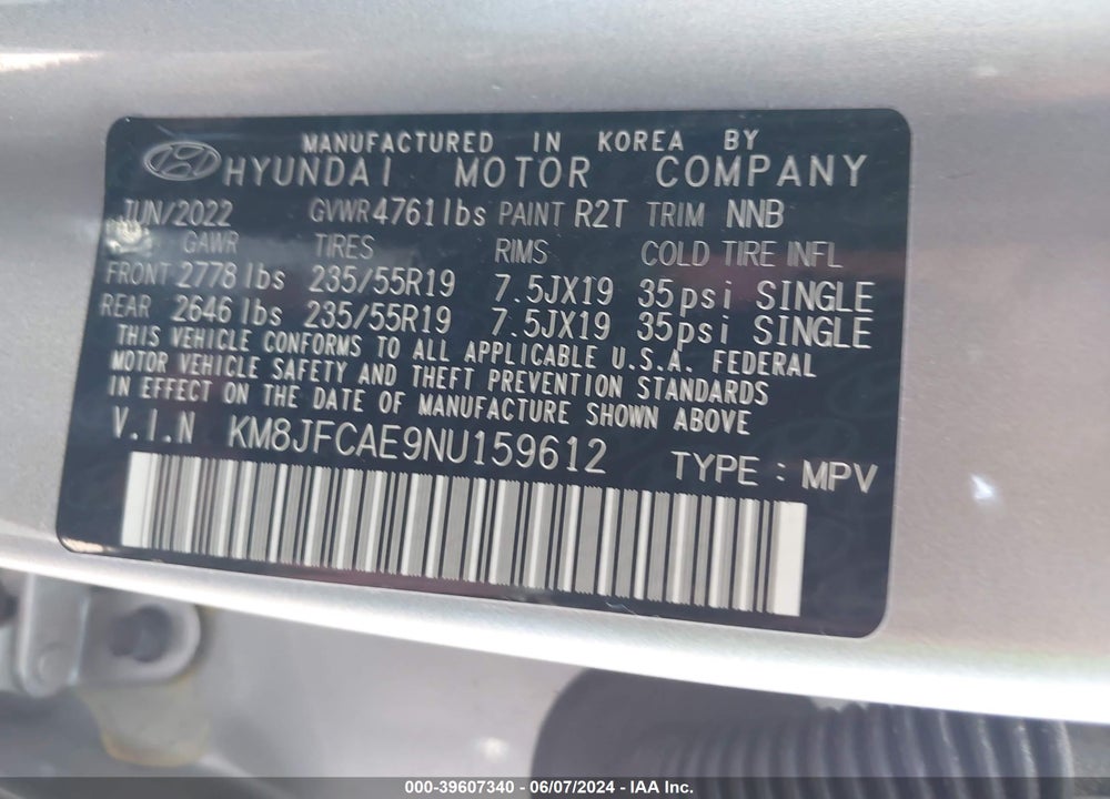 2022 HYUNDAI TUCSON XRT VIN: KM8JFCAE9NU159612