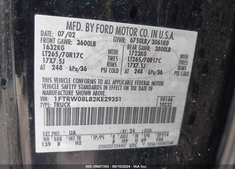 2002 FORD F-150 LARIAT/XLT VIN: 1FTRW08L82KE29351
