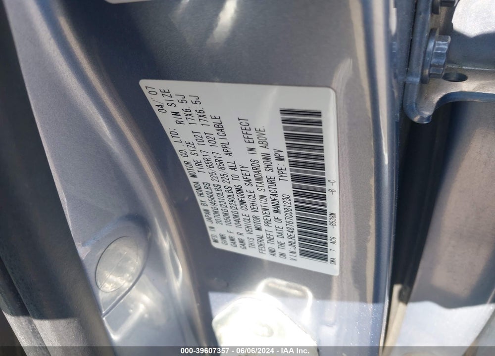 2007 HONDA CR-V EX-L VIN: JHLRE48767C081230