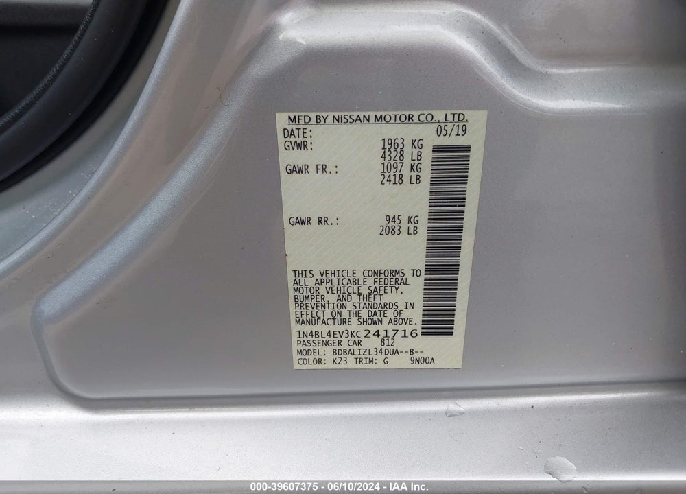 2019 NISSAN ALTIMA 2.5 SL VIN: 1N4BL4EV3KC241716