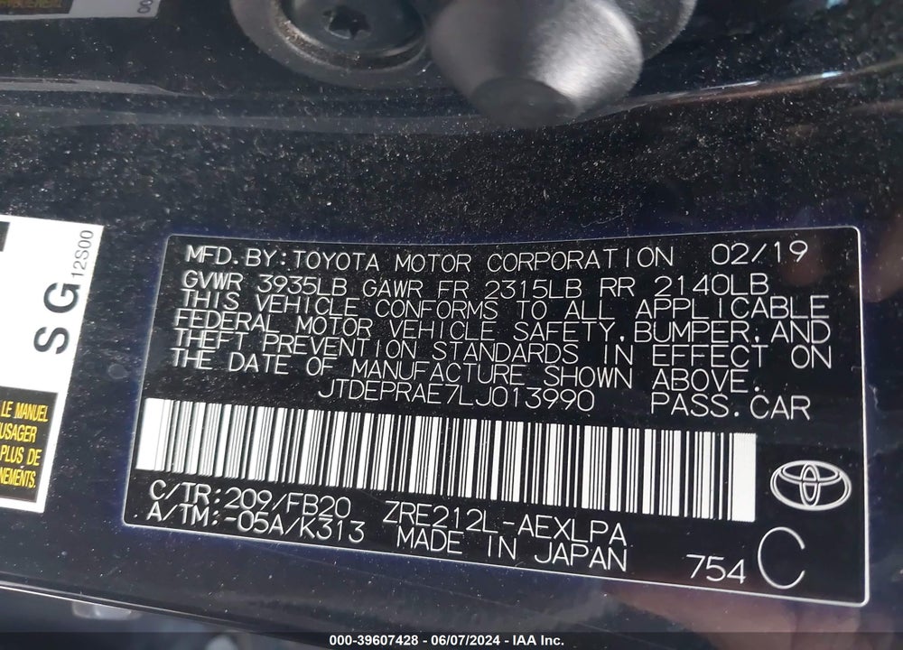 2020 TOYOTA COROLLA LE VIN: JTDEPRAE7LJ013990