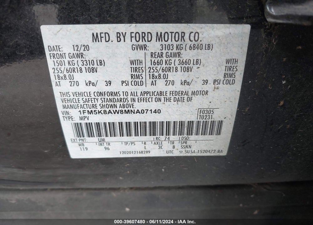 2021 FORD POLICE INTERCEPTOR UTILITY VIN: 1FM5K8AW8MNA07140