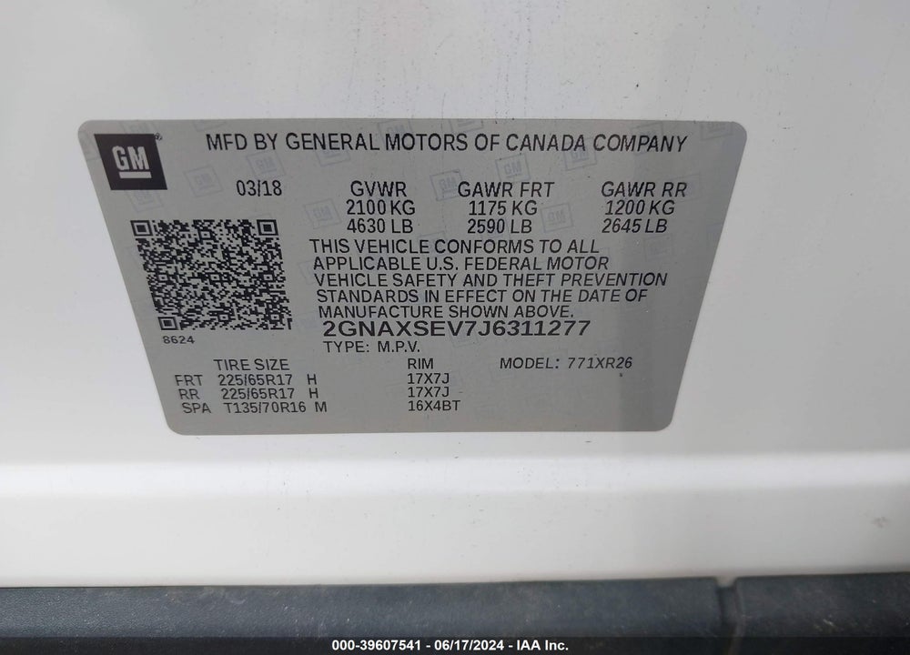 2018 CHEVROLET EQUINOX LT VIN: 2GNAXSEV7J6311277