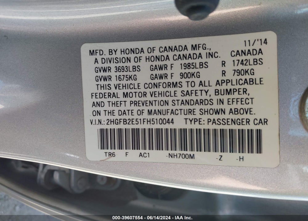 2015 HONDA CIVIC LX VIN: 2HGFB2E51FH510044