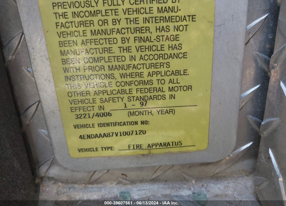 1997 EMERGENCY ONE FIRETRUCK VIN: 4ENDAAA87V1007120