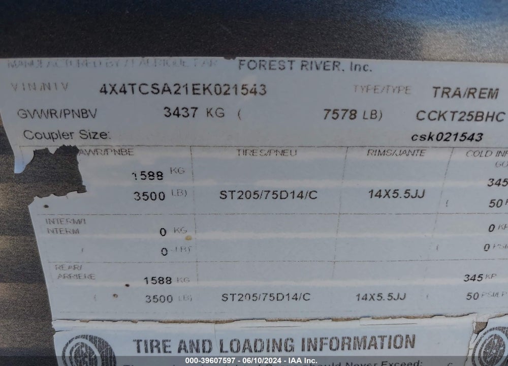 2014 UNDEFINED CCKT25BHC VIN: 4X4TCSA21EK021543
