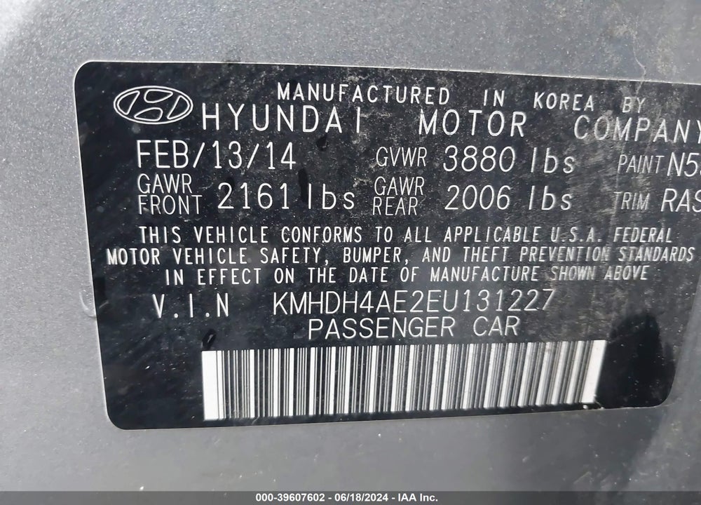 2014 HYUNDAI ELANTRA SE VIN: KMHDH4AE2EU131227